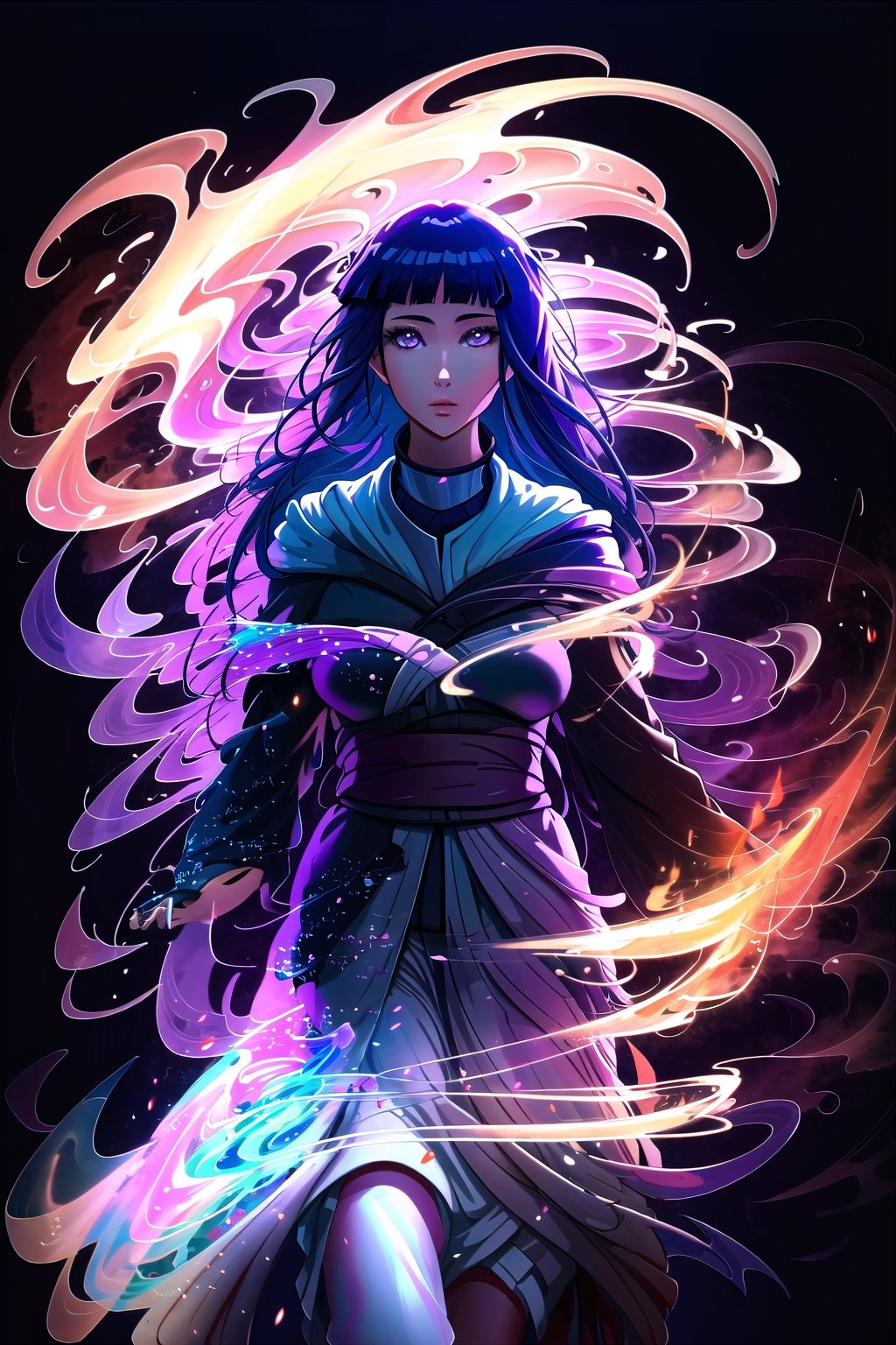 A surreal illustration of a girl with long black hair and flowing robes, surrounded by a swirling vortex of fire and water. The cinematic effect in 8k resolution creates a mesmerizing and hyperdetailed photo, with luminism enhancing the ethereal quality of the scene. The concept art features fractal isometrics details, showcasing a harmonious blend of the elements in a visually striking and unique composition.,yofukashi background,hinata,HeadpatPOV,milfication