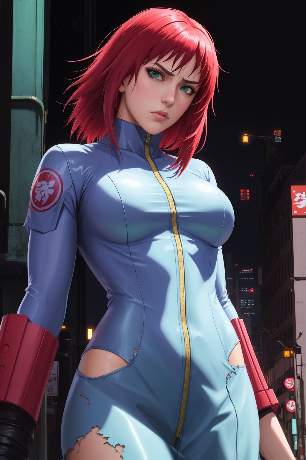 1 girl, complete body style ciberpunk, ciberpunk, black and red hair, pixie style hair, blue and green eyes, cute face, serious face, glossy lips, motoko kusanagi, costume street fighter, future city, ciber body, damage, 