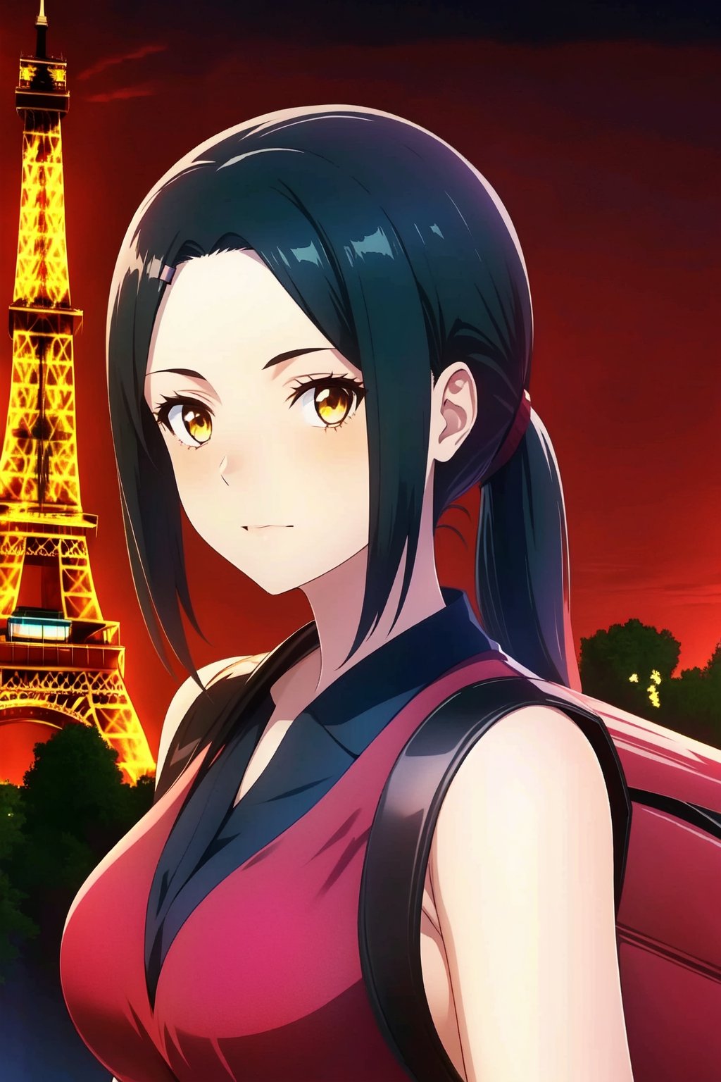 Girl with dark hair and long ponytail,  no hair on forehead, in short red dress with black backpack is staring at Eiffel Tower ,Olivia Servant