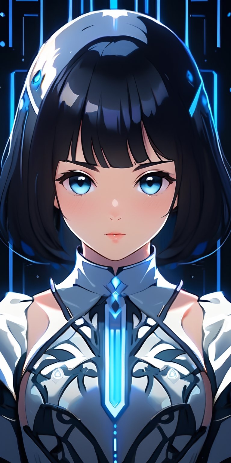 (masterpiece), realistic, (portrait of a girl), beautiful face, sunlight, cinematic light, bangs, a beautiful woman, beautiful eyes, black hair, perfect anatomy, very cute, princess eyes , (black eyes) , (frame the head), Centered image, stylized, bioluminescence, 8 life size,8k Resolution, white low-cut dress with small blue details, human hands, wonder full, elegant, approaching perfection, dynamic, highly detailed, character sheet, concept art, smooth, facing directly at the viewer positioned so that their body is symmetrical and balanced, stunningly beautiful teenage girl, detailed hairstyle,
