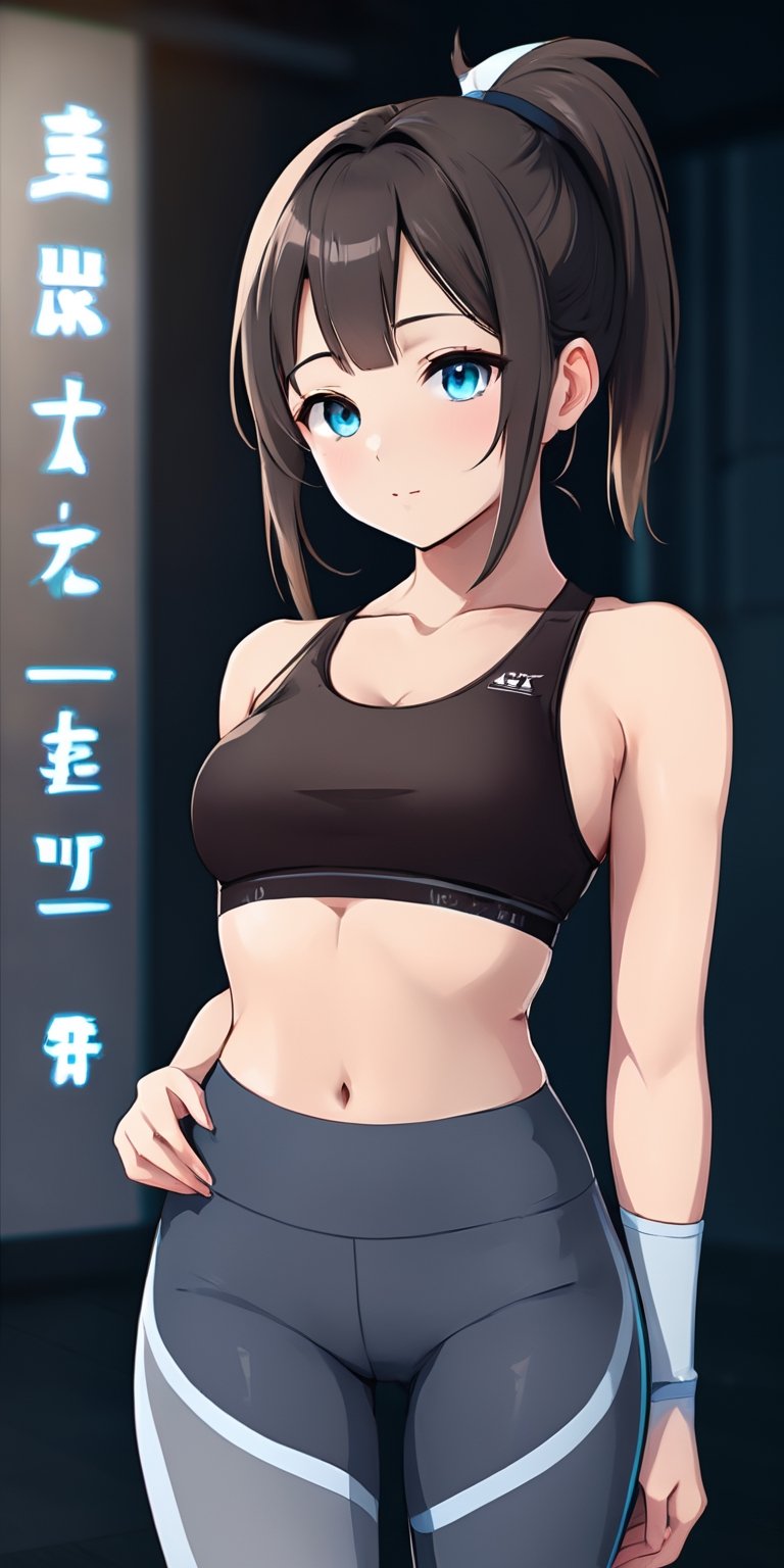 insanely beautiful girl, short messy brunette hair, ponytail, heterochromia brown and grey, minimal Yoga clothes, hourglass body, little smile, open-minded, yoga studio, Full body Beautiful anime style girl, sweat leggs, secypose, clean detailed faces, intracated clothing, analogous colors, glowing shadows, beautiful gradient, depth of field, clean image, high quality, high detail, high definition, Luminous Studio graphics engine, cute face, big braest, slim waist, nice hips, 