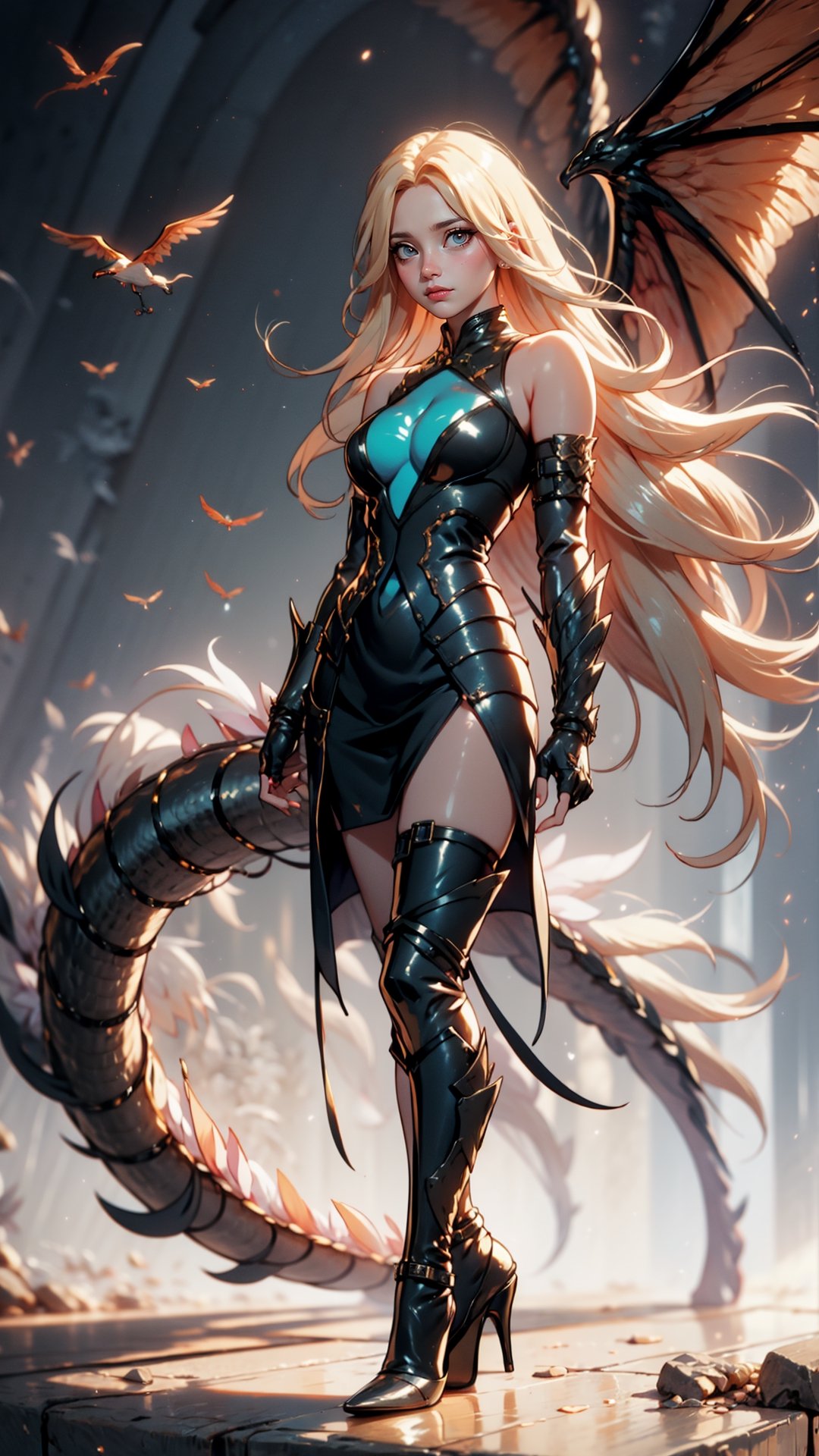 An award-winning portrait of a stunning woman, wearing a mechanical exoskeleton, standing amidst a battleground with dragons soaring in the sky. The realistic depiction captures the epic war scene with incredible detail. The cinematic effect, combined with teal and orange hues, adds depth and intensity to the composition. The cyberpunk ninja-style character stands solo, emanating power and confidence as she surveys the battlefield.