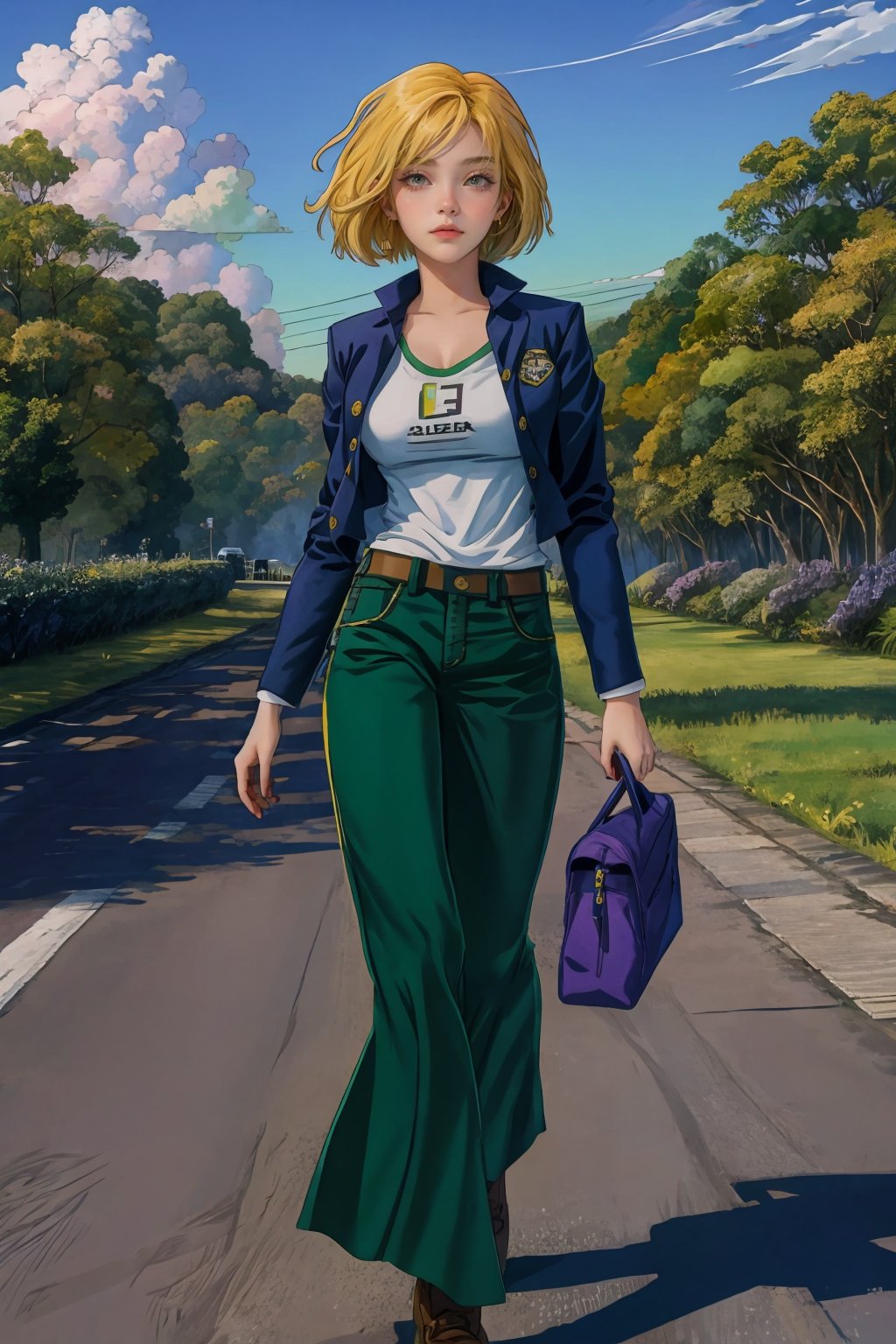 portraitof a young girl, violet curly hair, medium size boobs, half body, cream t- shirt, tight_tshirt, school uniform , walking to school, background green trees and road with beautiful weather cloudy,  Tight_skin_legs, open shoulders, wearing short jacket, Good_anatomy, good framing, skrit, sagiri,melina \(elden ring\),kugisaki nobara