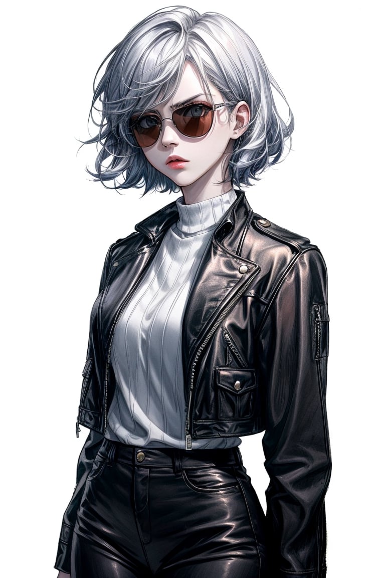 Color white as a woman half body with short hair and leather thigh clothes , light sunglasses , serious and iconic face

,Detailedface