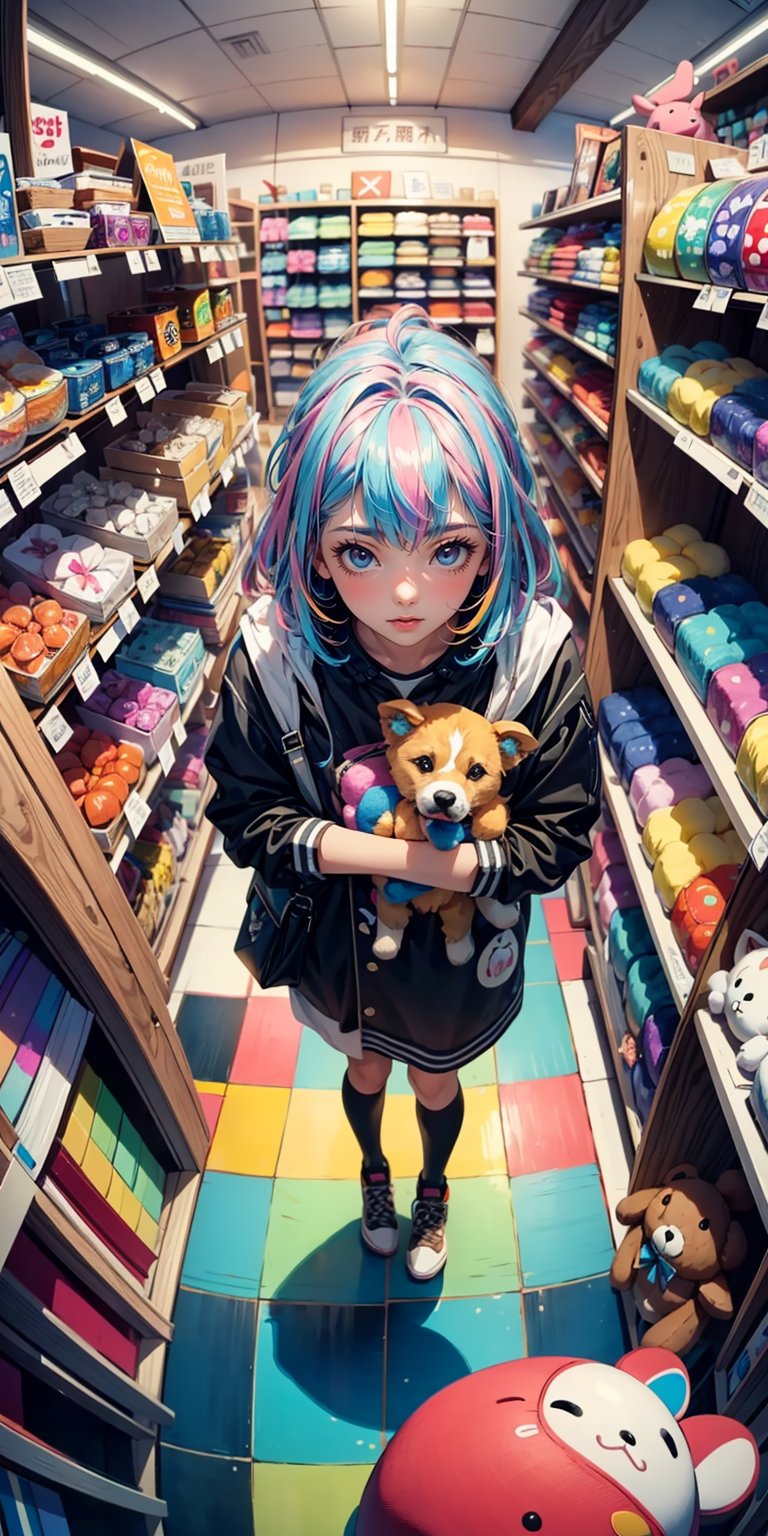 (masterpiece, best quality), (colorful:1.4), from above, solo, 1girl standing in a store with lots of stuffed animals on the shelves and a bag of stuff, depth of field, fisheye lens