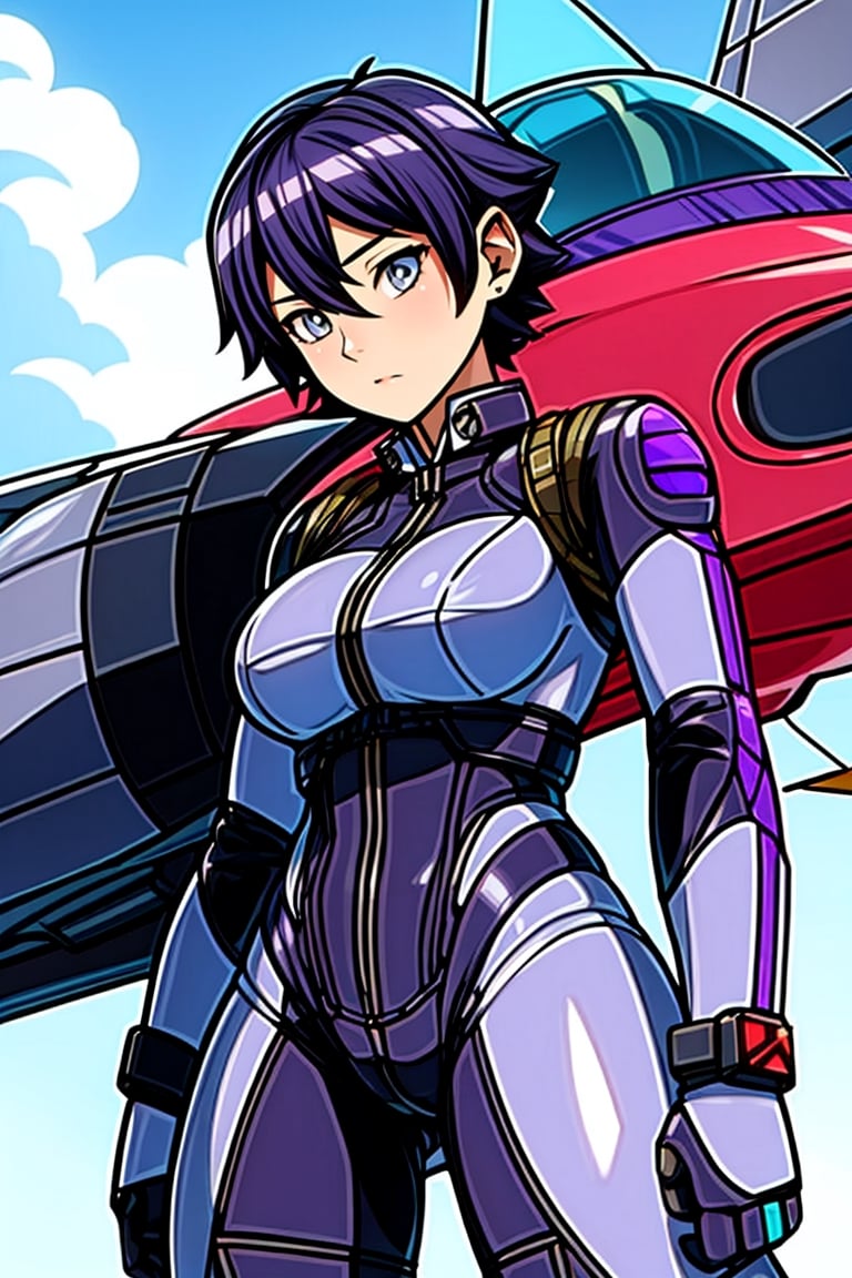 ultra detailed illustration, an adult woman with anime pilot plug suit, she has (grey eyes) and short purple hair, waist high shot, mecha pilot