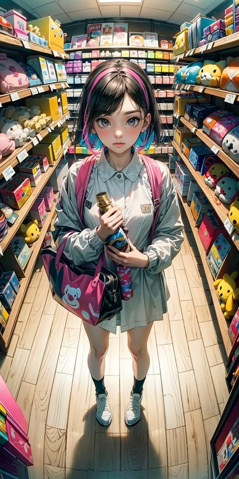 (masterpiece, best quality), (colorful:1.4), from above, solo, 1girl standing in a store with lots of stuffed animals on the shelves and a bag of stuff, depth of field, fisheye lens,china