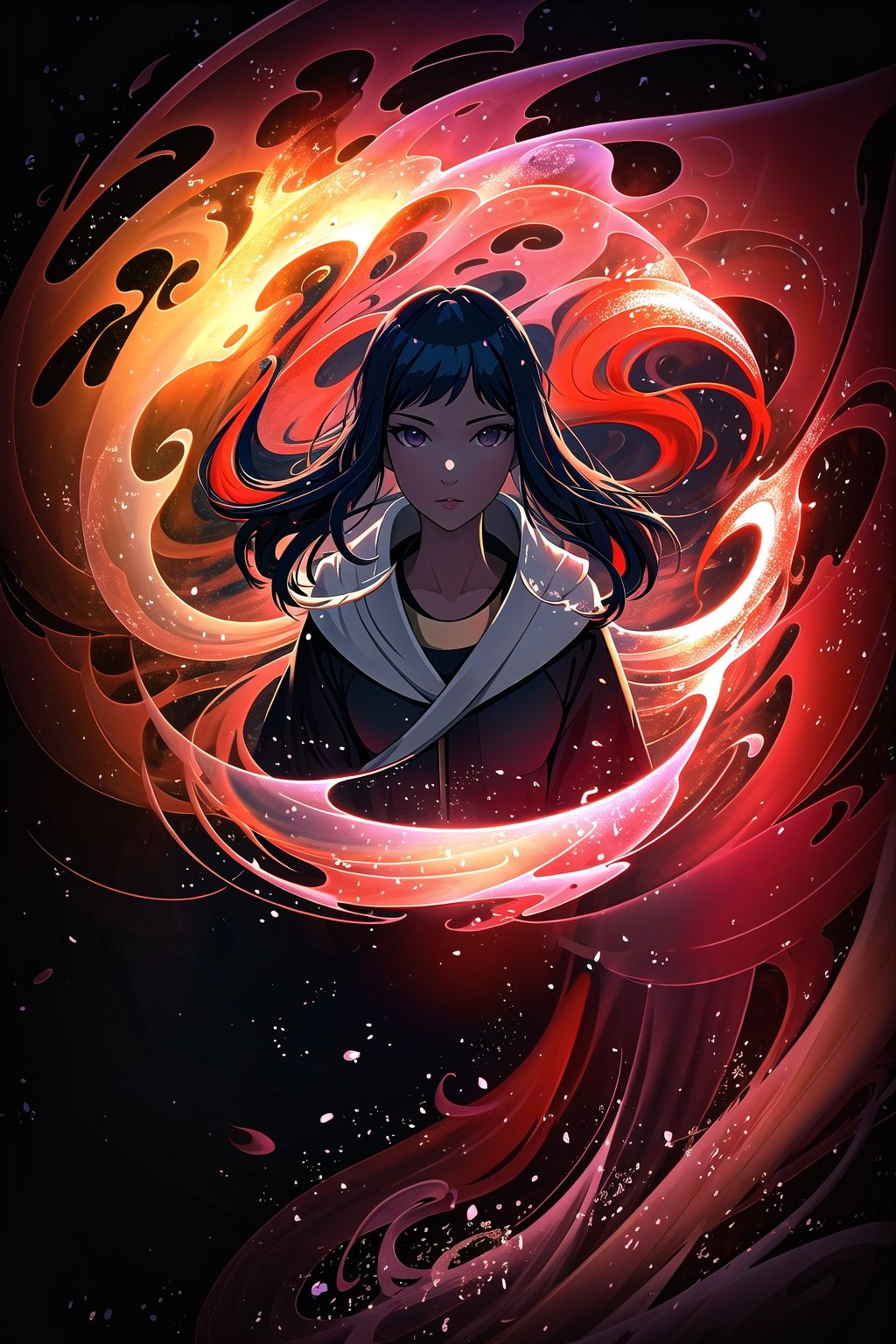 A surreal illustration of a girl with long black hair and flowing robes, surrounded by a swirling vortex of fire and water. The cinematic effect in 8k resolution creates a mesmerizing and hyperdetailed photo, with luminism enhancing the ethereal quality of the scene. The concept art features fractal isometrics details, showcasing a harmonious blend of the elements in a visually striking and unique composition.,yofukashi background,hinata