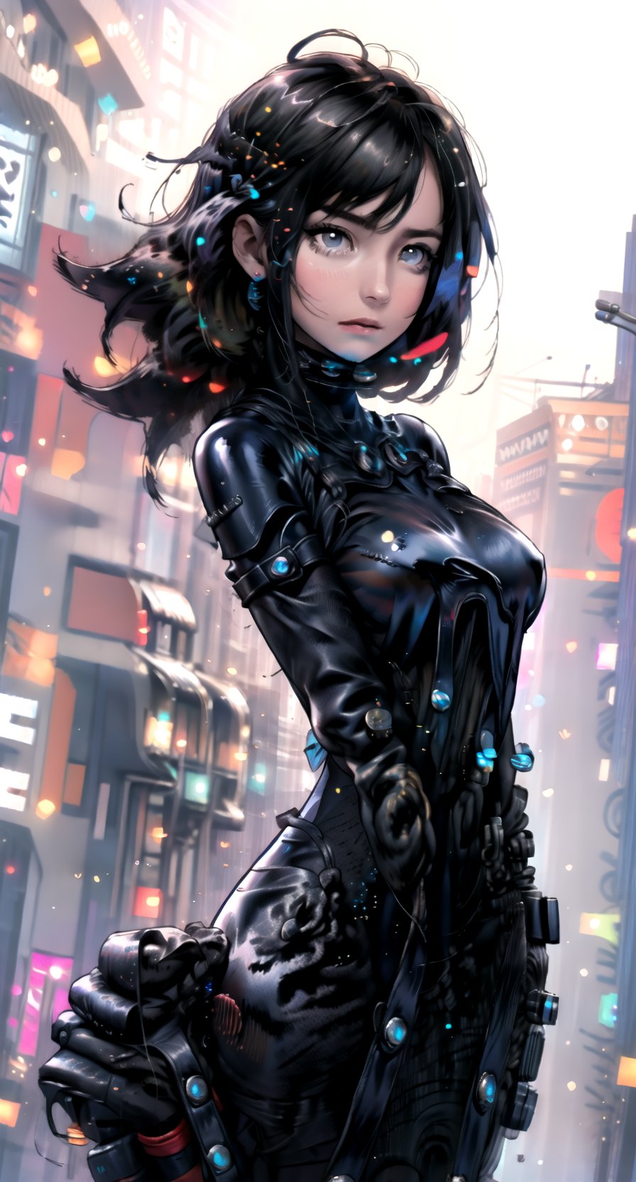 Animescreencap style art of a woman with a cyberpunk-themed outfit, wearing mechanic cowgirl boots with neon-colored fluid tubes running through them. She holds a Colt peacemaker pistol in her hand, portraying confidence and strength. The 3D rendered scene showcases her in a contrapposto pose, with a square chin and clean-shaven face. The setting features a mix of futuristic alien technology and organic bioluminescence, creating a hyperdetailed and cinematic effect.| cowboy shot, | bokeh, depth of field, | asuna yuuki ,asuna yuuki,HeadpatPOV,tingyun(hsr),Niji Kei,latex