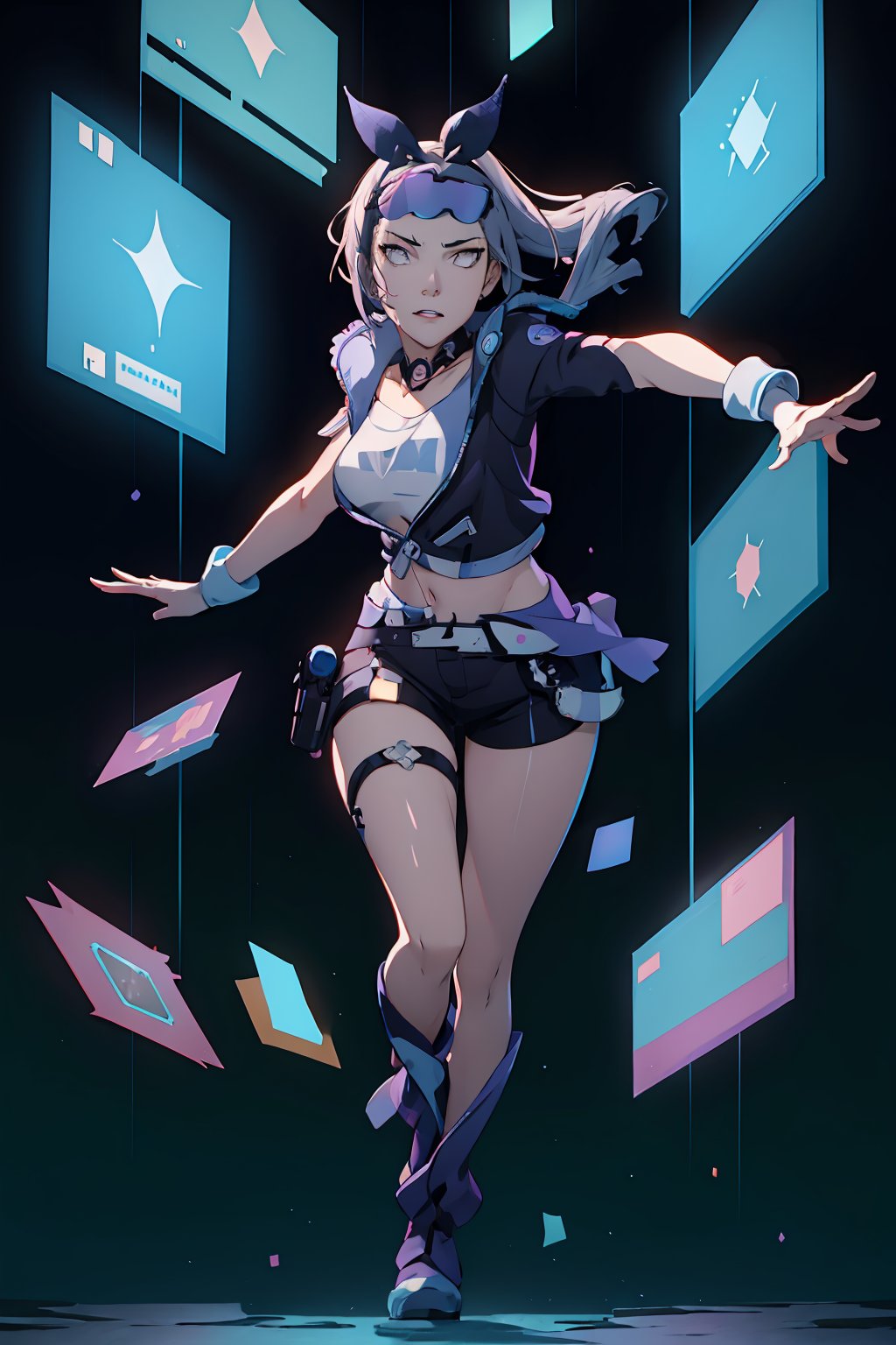 An 8k ultra-detailed CG wallpaper featuring a girl A Animescreencap style art of a woman with a cyberpunk-themed outfit, wearing mechanic cowgirl boots with neon-colored fluid tubes running through them. She holds a Colt peacemaker pistol in her hand, portraying confidence and strength. The 3D rendered scene showcases her in a contrapposto pose, with a square chin and clean-shaven face. The setting features a mix of futuristic alien technology and organic bioluminescence, creating a hyperdetailed and cinematic effect.,masterpiece, best quality, ultra-detailed, best shadow), (detailed background),   character:1.3, intricated:1, detailed light:1.2, high-res CG,SilverWolfMx,takamaki anne(persona 5),hinata\(boruto\)