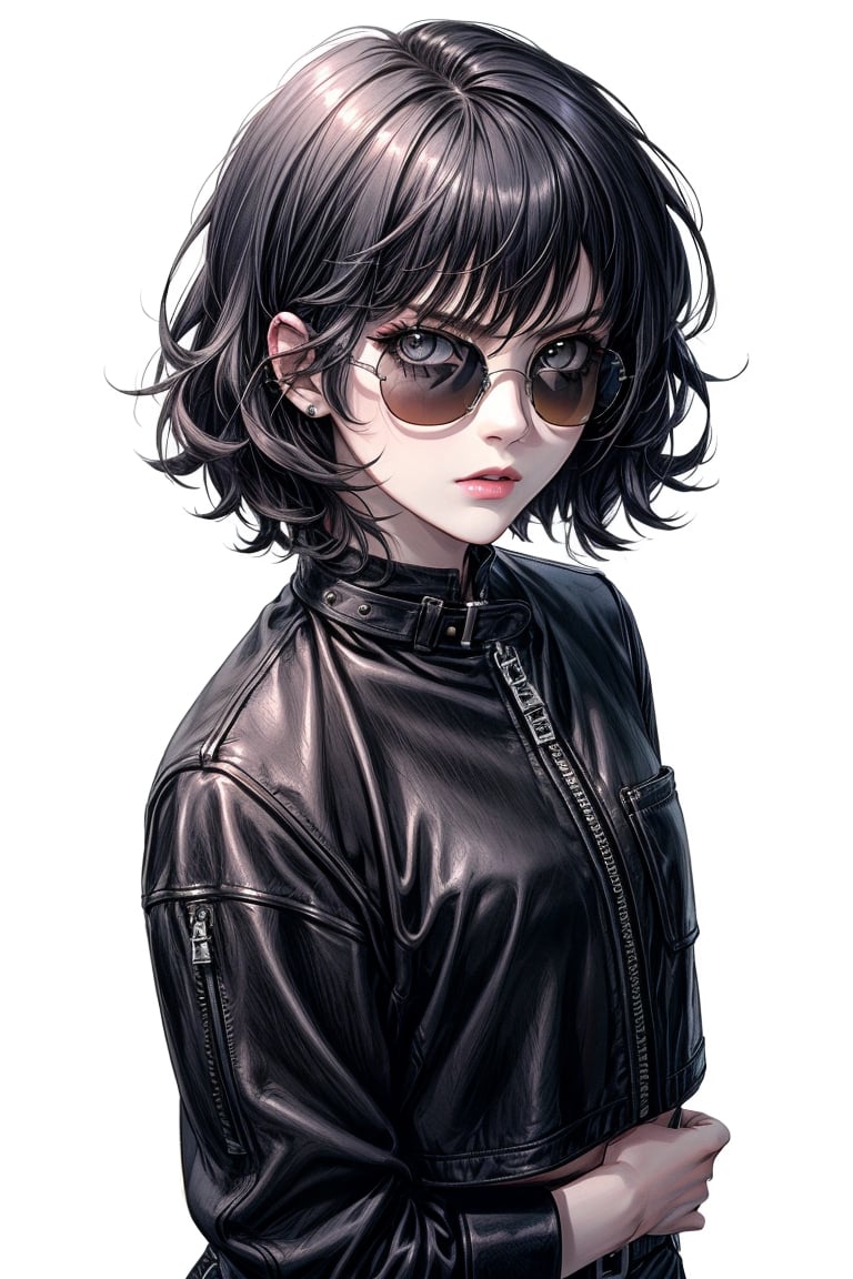 Color white as a woman half body with short hair and leather thigh clothes , light sunglasses , serious and iconic face

,Detailedface