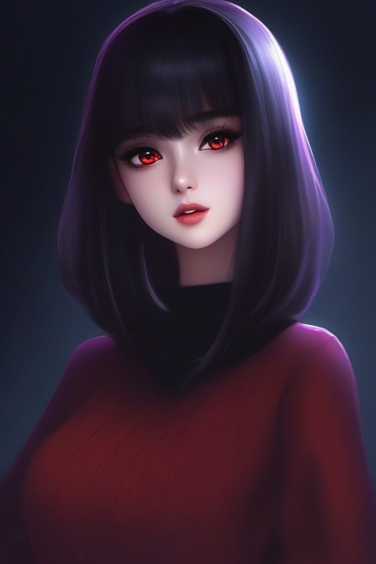 (((masterpiece:1.2))) anime style, cartoon, comic, anime comic, medium dark colors, soft tones, lighting details, 1girls, original_character,vampyr,glowing red eyes, fangs teeth ,black painted lips, pastel purple eyes, long black hair dark gray background, short-hair bangs, defined eyebrows, surreal,dal,virgin destroyer sweater