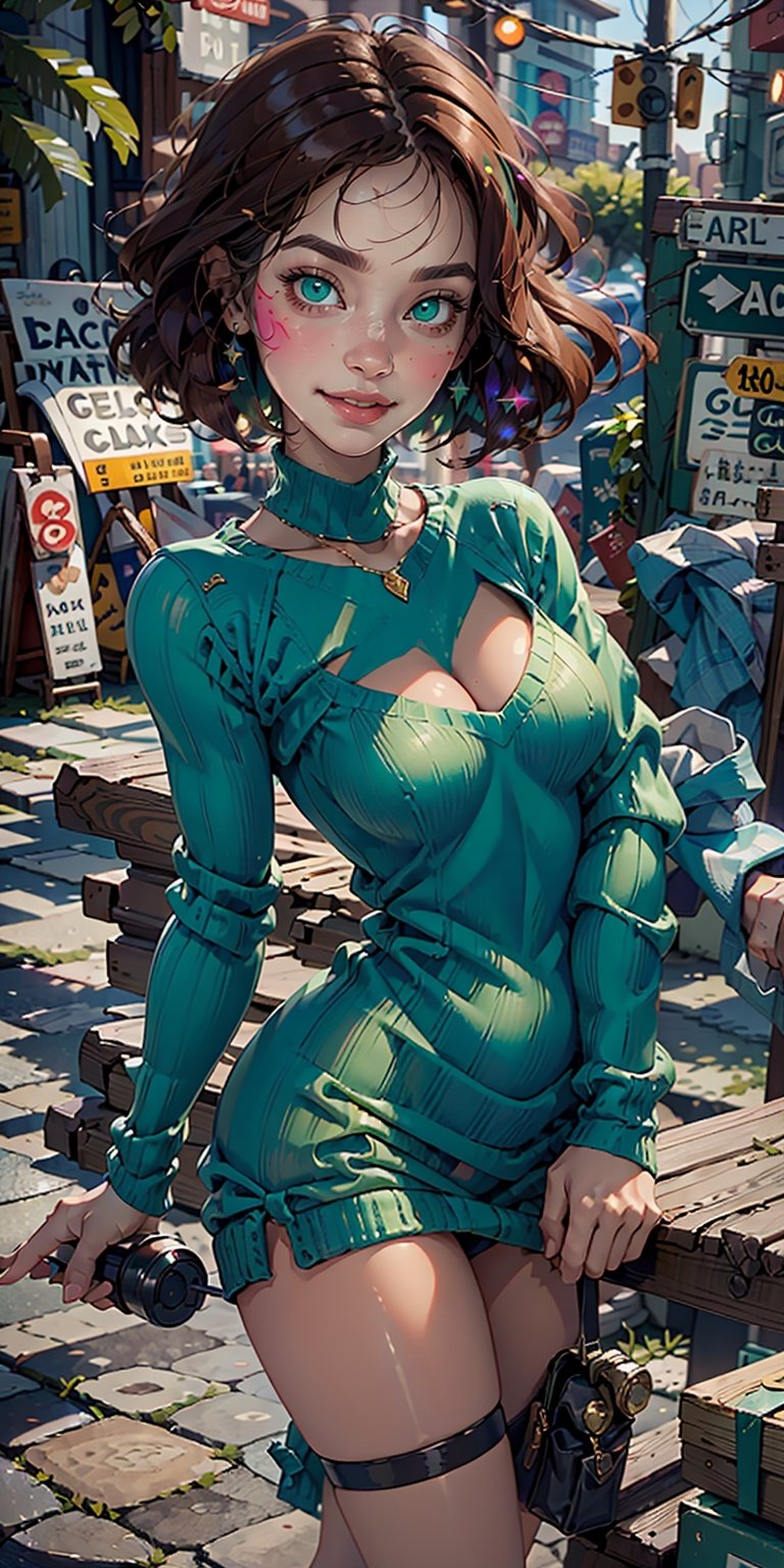 Stunning masterpiece portrait in high resolution beautifully detailed girl with long, shiny brown hair and mesmerizing green eyes, She is dressed in a cozy sweater and sparkles with a gorgeous smile, which accentuates her small, but perfectly shaped breasts.,destiny /(takt op./),gwen stacy,,1girl