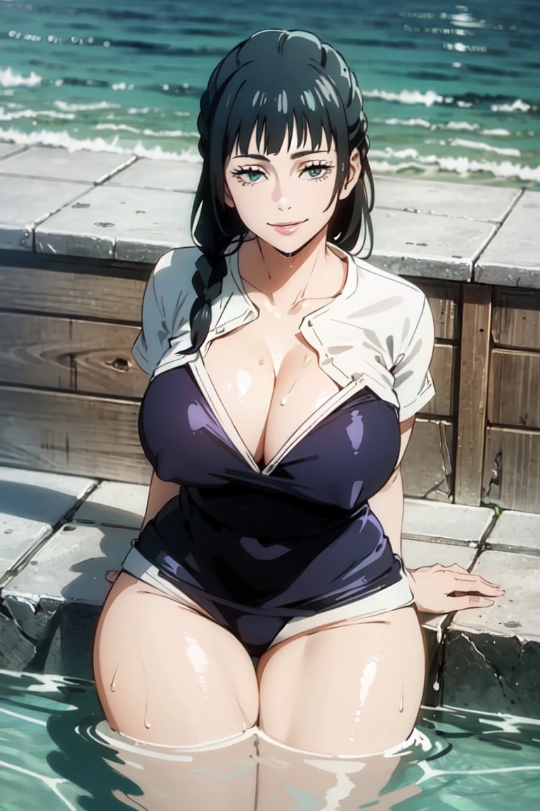 realistic, 1girl, (high detailed face), smile, blue long hair, (high detailed eyes), sparkle eyes, cleavage, large thighs, on the beach putting on wet white shirt, extremely beautiful and gorgeous , huge_boobs, big_thigs, curvy, very attractive swimming in water (highest extreme resolution - 4k quality), flowers, , hinata\(boruto\), perfecteyes, 25D_Loras, 