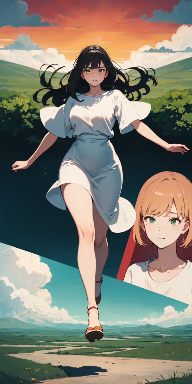 ((masterpiece)), (best quality), (cinematic), a woman in a long white dress, running through an open field, long black hair, bangs, chubby, wide hips, full body, green eyes, freckles on cheeks, wind, detailed face, detailed body, red and orange sky, glow, clouds, vegetation, green plains, floating bubbles, (cinematic, colorful), vast field, (extremely detailed), inspired by Studio Ghibli, EpicSky, cloud, sky, highly detailed, detailed face
