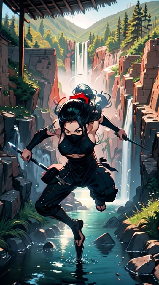 A detailed illustration of a ninja skillfully wielding a sword, surrounded by a serene landscape with a flowing river and waterfalls. The cinematic lighting and 3D render create a realistic and dynamic effect, while the ethereal background adds a touch of mystery to the artwork., big_boobs,  The ninja's expressionless face and sharp focus on the character emphasize her mastery of the art of war. tattoo, glasses.,black hair,queen marika,terayama reiko