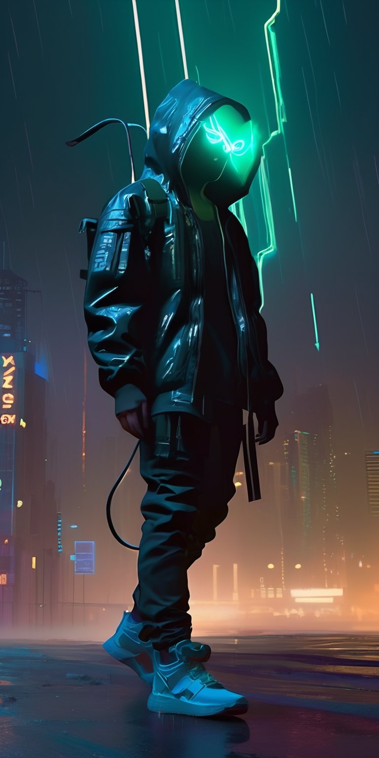 Dirty cyberpunk Alien monster, load wire, perfect proportion, Cyberpunk Edgerunner style, flying over the rough weather city, late night, breathing fire, cold chaos strong contrast,distant view, 8K picture quality, shimmer, delicate picture,loish, jeremy mann, full body shot, character sheet, lightningwave, 3d, cgi, glowing neon, cyberpunk, streetwear outfit, ☂️, neon city