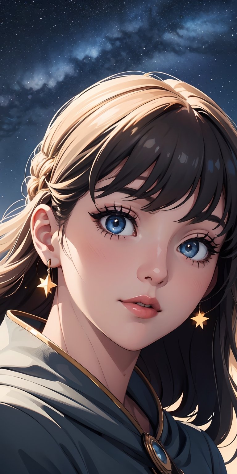 Close-up illustration of a woman gazing upwards on a starry night. The shimmering stars and the luminosity of the Milky Way are reflected in her eyes, creating a dreamy and ethereal expression.