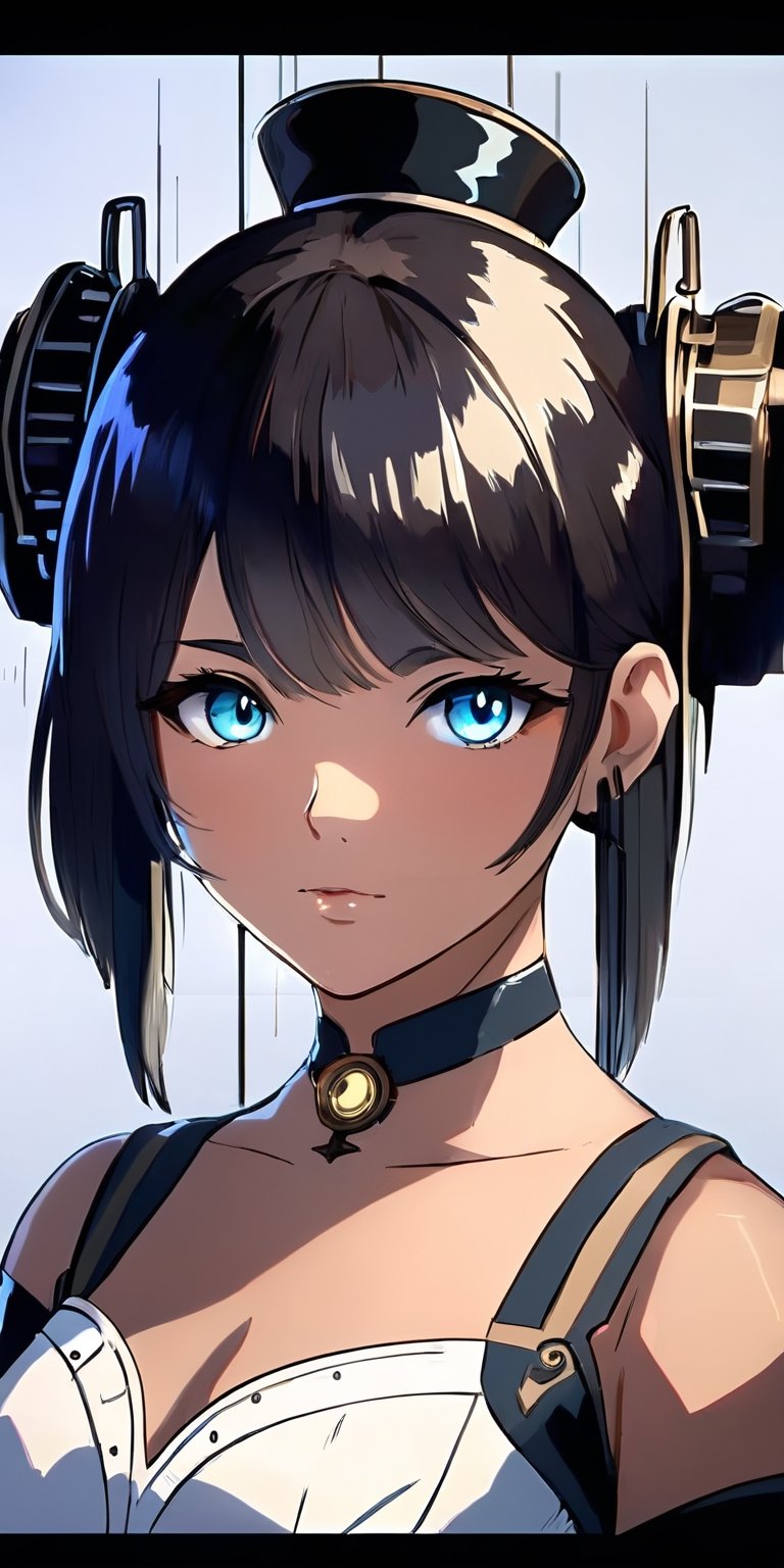 (masterpiece), realistic, (portrait of a girl), beautiful face, sunlight, cinematic light, bangs, a beautiful woman, beautiful eyes, black hair, perfect anatomy, very cute, princess eyes , (black eyes) , (frame the head), Centered image, stylized, bioluminescence, 8 life size,8k Resolution, white low-cut dress with small blue details, human hands, wonder full, elegant, approaching perfection, dynamic, highly detailed, character sheet, concept art, smooth, facing directly at the viewer positioned so that their body is symmetrical and balanced, stunningly beautiful teenage girl, detailed hairstyle,HZ Steampunk