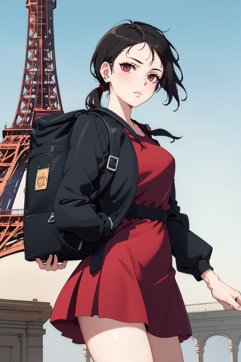 Girl with dark hair and long ponytail,  no hair on forehead, in short red dress with black backpack is staring at Eiffel Tower 
