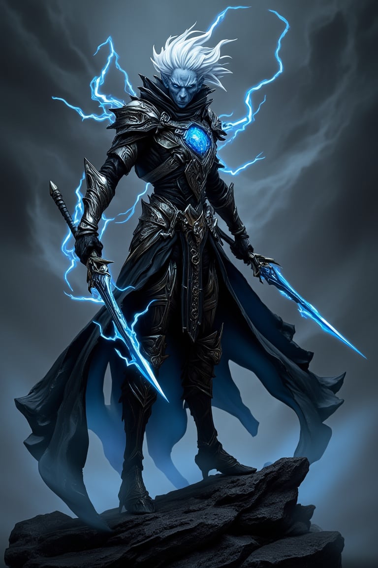 Full body character, a tall, thin drow assassin as a shadow lightning element rogue, draped in sleek, rune-covered dark armor. His sharp, angular features are framed by flowing white hair, and his eyes emit a faint electric glow. He wields dual daggers crackling with lightning energy, and his movements embody the grace of shadows. A dark, flowing cloak billows behind him, blending into the surrounding darkness. The entire figure exudes an aura of stealth and elemental power, standing over a dimly lit, stormy battlefield.", Skaven, An anime PVC figure of the character, assassinkahb style