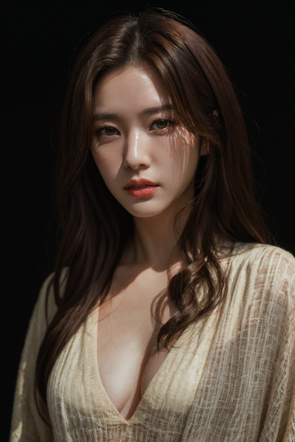 photorealistic:1.37, masterpiece, best quality, raw photo, 1girl, medium breasts, ,long hair, seductive,brown hair, blouse, looking at viewer,  dynamic lighting, in the dark, deep shadow, low key, intricate detail, detailed skin, pore, highres, hdr
,Detailedface