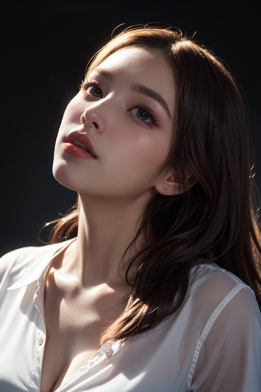 Ethereal beauty angelic photorealistic, masterpiece, best quality, raw photo, 1girl, long hair,brown eyes,detailed eyes and face, medium breast,  see through loose shirt, dynamic lighting, in the dark, deep shadow, low key, half_body shot and looking up on camera for top shot,