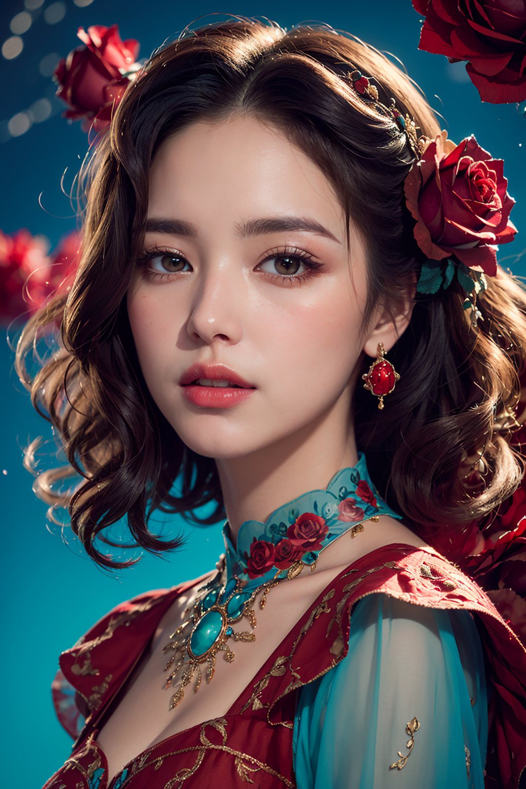 A detailed bright 32k upper body abstract photograph of a beautiful woman in red dress, painted with curly red rose particles, blue sky color palette, James Jean, insane details, very detailed, epic, dramatic, photorealistic, photography, hyperornate details, bokeh, particuls, ultra detail, unreal