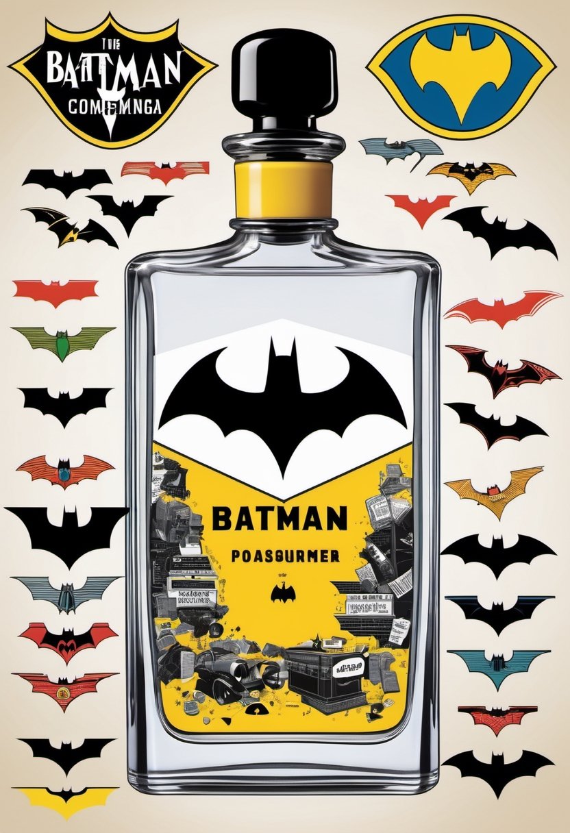 Create an image of a vintage-inspired perfume bottle that pays homage to the classic Batman logo from the comics or the 1960s TV series. Use retro design elements and fonts to evoke nostalgia.,photo r3al