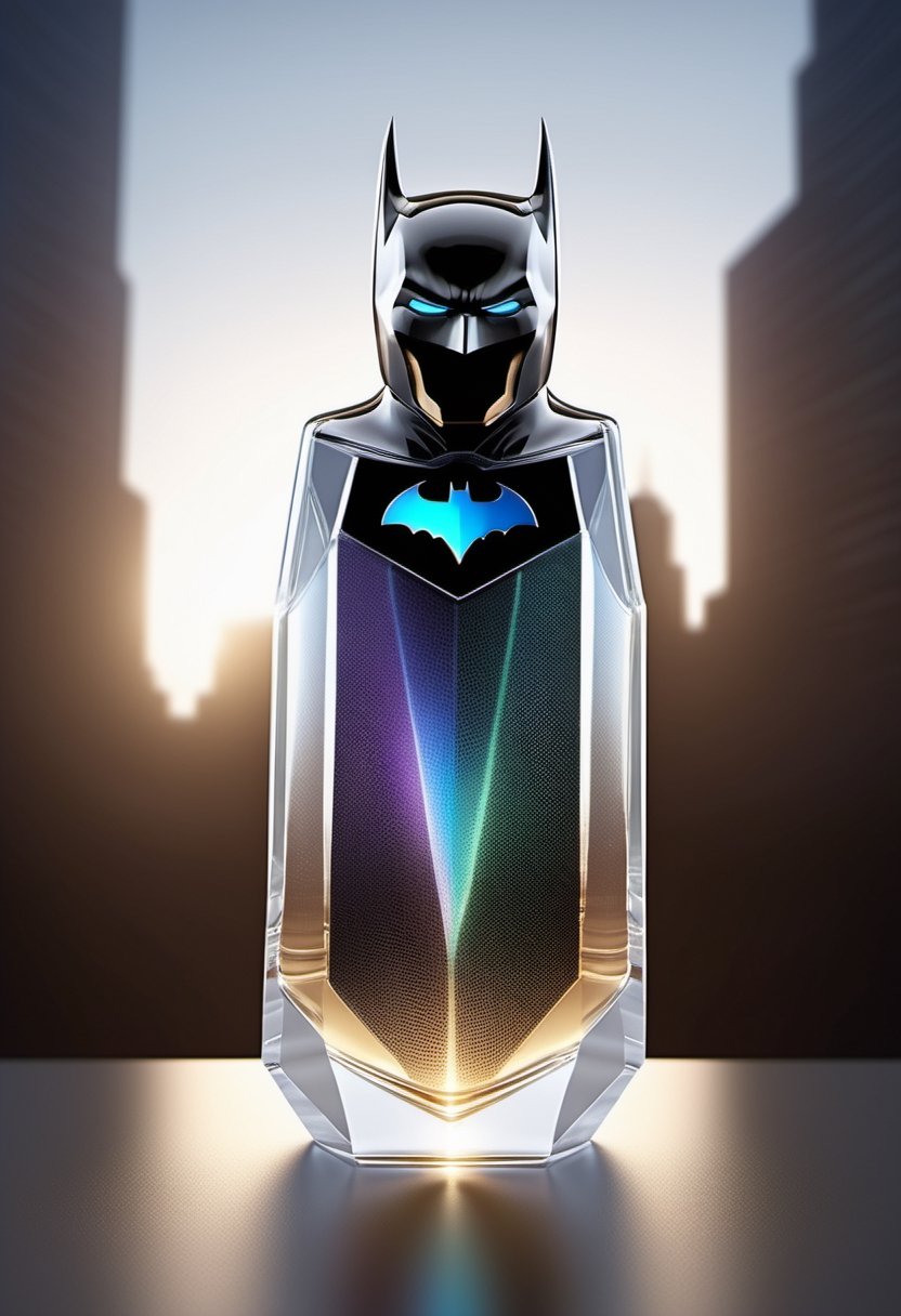 Generate an image of a high-tech, futuristic perfume bottle with a dynamic, holographic Batman logo that changes appearance when viewed from different angles, reflecting the essence of Batman's advanced gadgets.