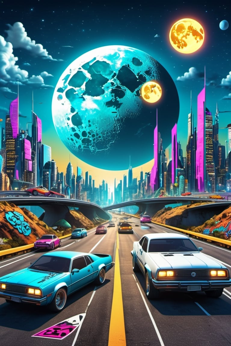 Cyber retro futuristic highway near city skyline, music note cars, birthday suit, giant moon, 4k, analog diffusion style, extremely detailed, insanely accurate detail, insanely intricate ultra-detailed, graffiti airbrushing techniques, high definition, accent lighting, contrasted with bright paint colors, by Squal92i