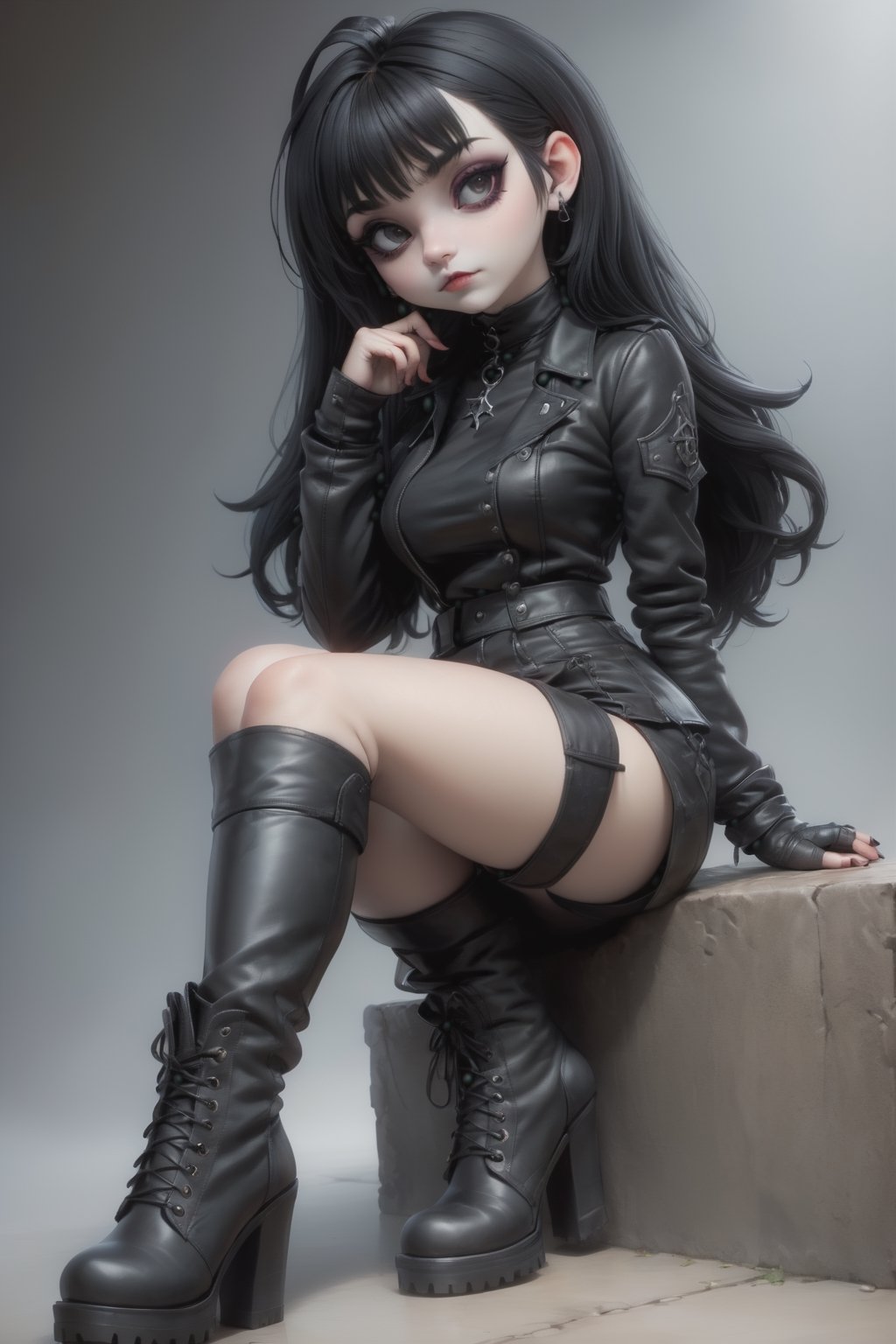 full body pose of a cute goth girl wearing leather. She is sitting down and crossing her legs. She is wearing knee-high leather boots.