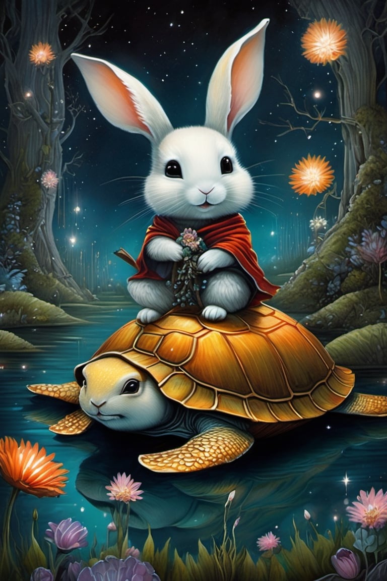 Asian folklore, ultra highly detailed, cinematic, 32k, detailed ink, acrylic, by Craola, Nicoletta Ceccoli, Beeple, Jeremiah Ketner Todd Lockwood, storybook illustration, cute tiny close up ghost rabbit sitting on the turtle, extremely big sharp glowing eyes, pond, forest, night, stars, starry sky, fairytale, storybook, mystical, highly detailed unusual highly detailed, intricated, intricated pose, masterpiece, high quality, vibrant colors, complex patterns, Mysterious