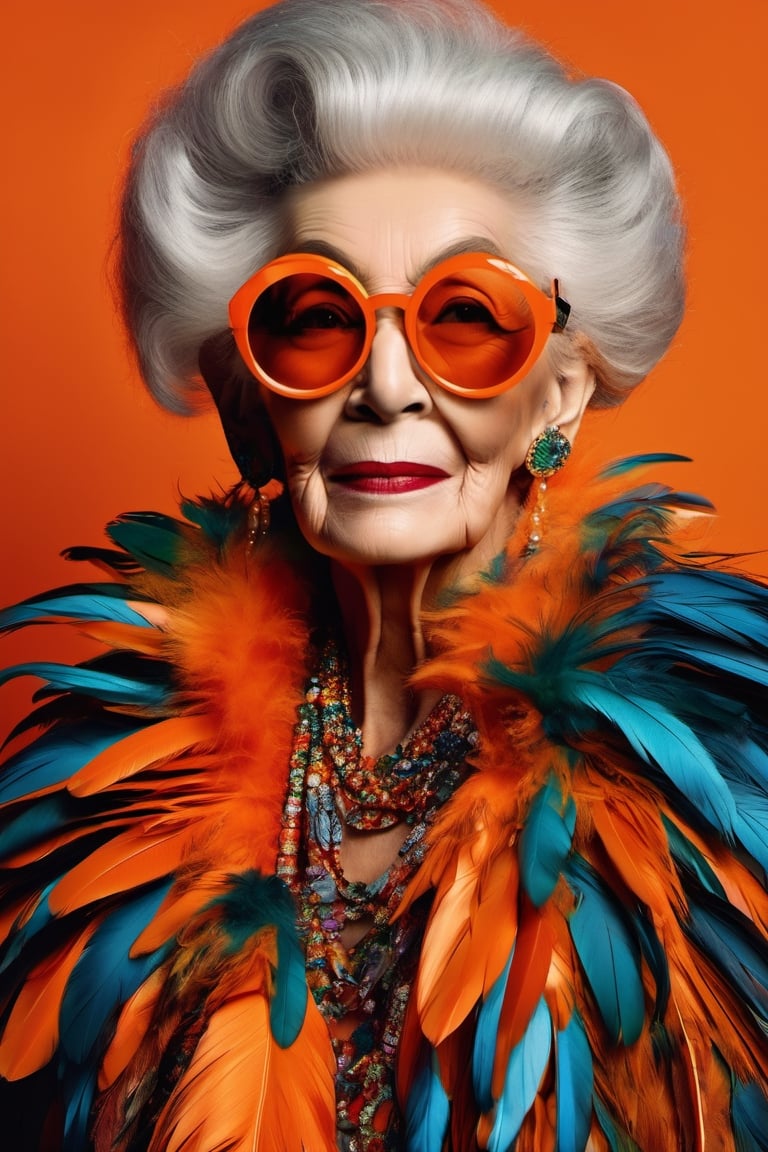 Full body standing cool looking Iris Apfel, multi-color feather dress, Annie Leibowitz, fashion, city, large orange-colored sunglasses, large puffy hair, Miki Asai Macro photography, close-up, hyper-detailed, trending on artstation, sharp focus, studio photo, intricate details, highly detailed, by Greg Rutkowski