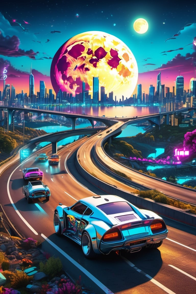 Cyber retro futuristic highway near city skyline, music note cars, birthday suit, giant moon, 4k, analog diffusion style, extremely detailed, insanely accurate detail, insanely intricate ultra-detailed, graffiti airbrushing techniques, high definition, accent lighting, contrasted with bright paint colors, by Squal92i