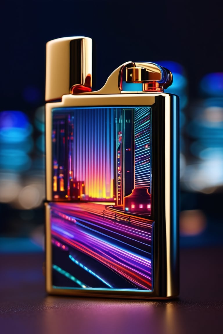 Visualize a Zippo lighter emitting vibrant neon lights, with futuristic cityscapes reflected on its metallic surface. Capture the play of light and shadows, emphasizing the sleek lines and modern aesthetic.