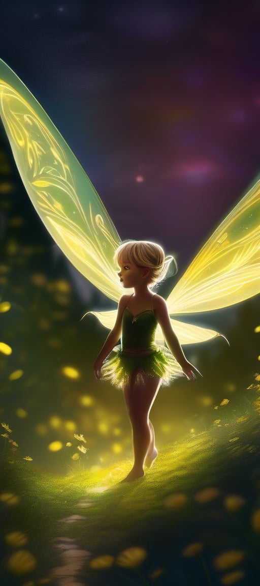 art by Jirka Vinse Jonatan Väätäinen, a hyper-realistic illustration of [Tinkerbell, nymph, as a real tiny shiny person, surrounded by an aura of glowing yellow light that spreads from his body in all directions, bun hair, fairy dust, uhd image, high details with rich colors, clear facial features, highly detailed eyes, cinematic, 90 mm lens, f/1.8, accent lighting, cinematic lighting, eyes, perfect, realistic eyes, digital painting, intricate, highly detailed, high quality, perfect composition, by Jirka Vinse Jonatan Väätäinen