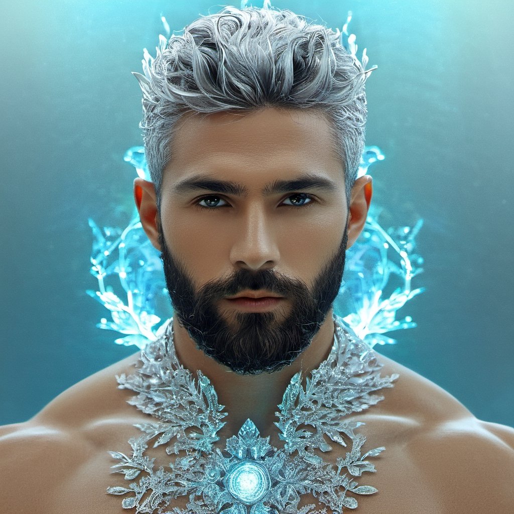 the glass beautiful man, body, full body, symmetry, nature, subsurface scattering, transparent, translucent skin, glow, bloom, Bioluminescent liquid,3d style,cyborg style,Movie Still,Leonardo Style, cool color, vibrant, volumetric light (masterpiece, top quality, best quality, official art, beautiful and aesthetic:1.2), (1man), extreme detailed,(abstract, fractal art:1.3),colorful hair,highest detailed, detailed_eyes, fire, water, ice, lightning, light_particles, ghost, Man, muscles, perfect body, five fingers, perfect hands, anatomically perfect body, sexy posture, thick beard, sexy beard, brown eyes, silver hair, curly hair, ice crown, embroidered cap, king, shirtless, god,NightmareFlame, all body