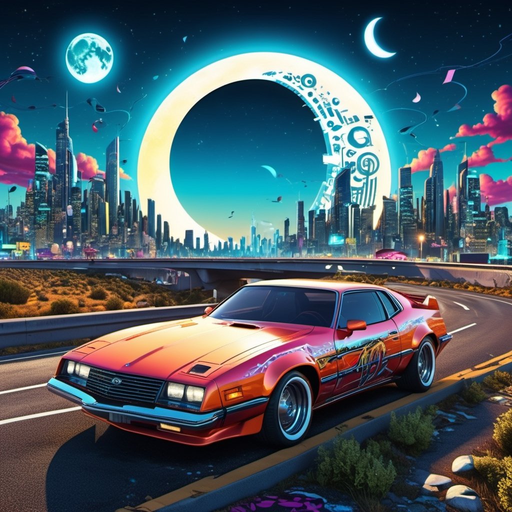 Cyber retro futuristic highway near city skyline, music note cars, birthday suit, giant moon, 4k, analog diffusion style, extremely detailed, insanely accurate detail, insanely intricate ultra-detailed, graffiti airbrushing techniques, high definition, accent lighting, contrasted with bright paint colors, by Squal92i