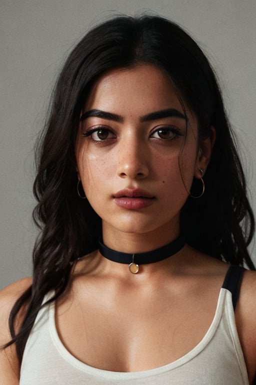 Take a photo of a woman with medium hair, wearing a tank top and a stylish collar or choker accessory, showcasing her freckles and a small, intriguing tattoo on her arm. The woman should have a slight smirk on her face, and her detailed face, especially her detailed nose, should be the focal point of the image. Use the rule of thirds composition to frame her face beautifully, and enhance the photo with dramatic lighting to add depth and intensity. Place the woman against an intricate background that complements her personality and adds to the overall story of the photograph.",lalisamanoban,rashmika 