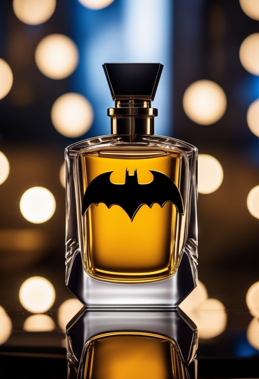 a luxury perfume bottle with logo of batman, high quality and cinematic photoshoot, 35mm photograph, film, bokeh, professional, 4k, highly detailed