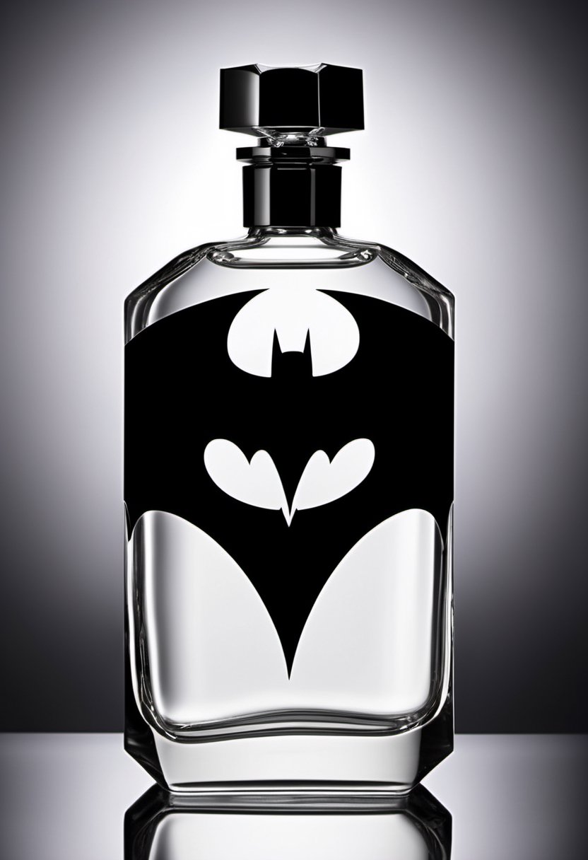 Create an image of a sleek, black perfume bottle with the iconic Batman logo engraved or etched onto the glass. Highlight the bottle's minimalist design and the logo's subtle sophistication.