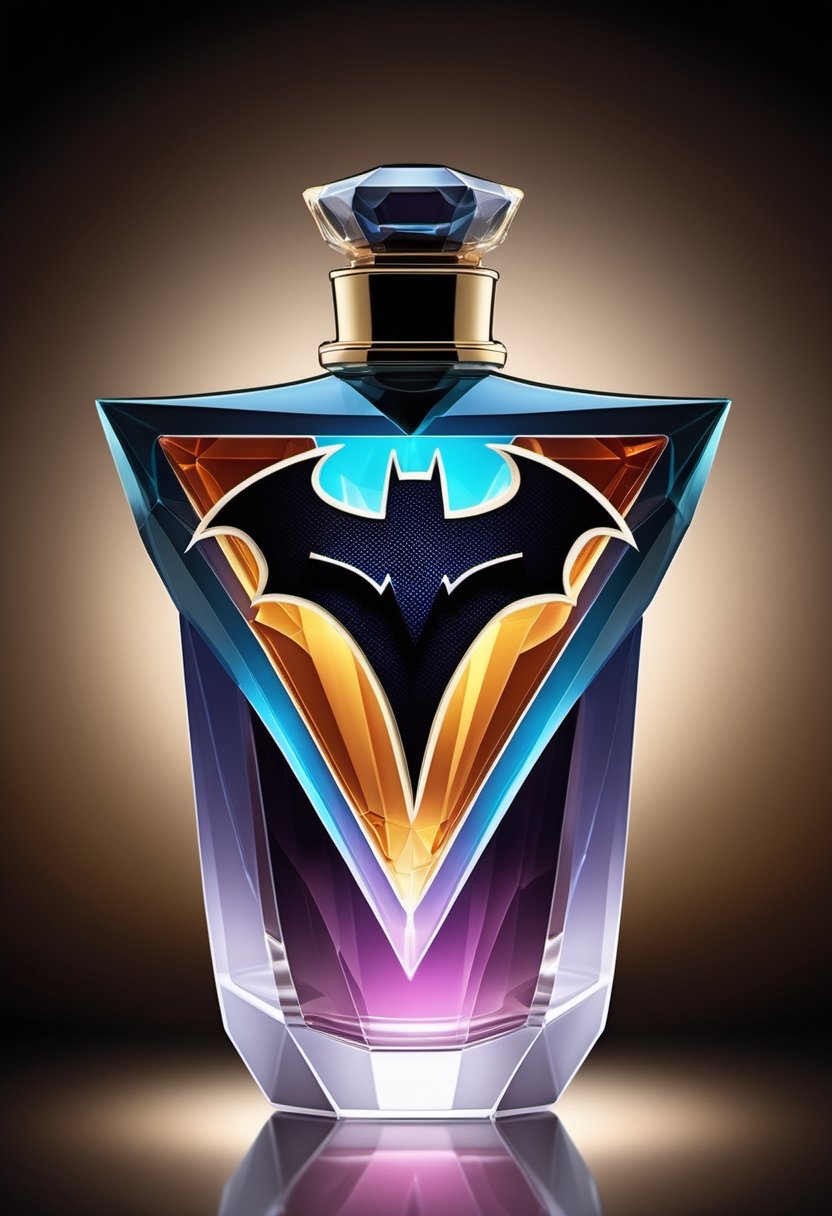 Generate an image of a high-tech, futuristic perfume bottle with a dynamic, holographic Batman logo that changes appearance when viewed from different angles, reflecting the essence of Batman's advanced gadgets.