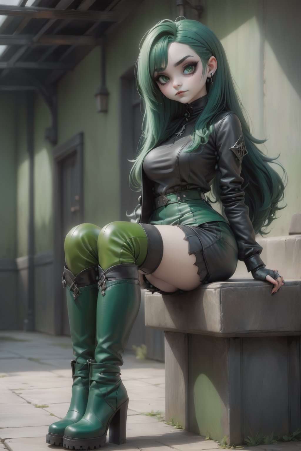 full body pose of a cute goth girl wearing green leather. She is sitting down and crossing her legs. She is wearing knee-high leather boots.