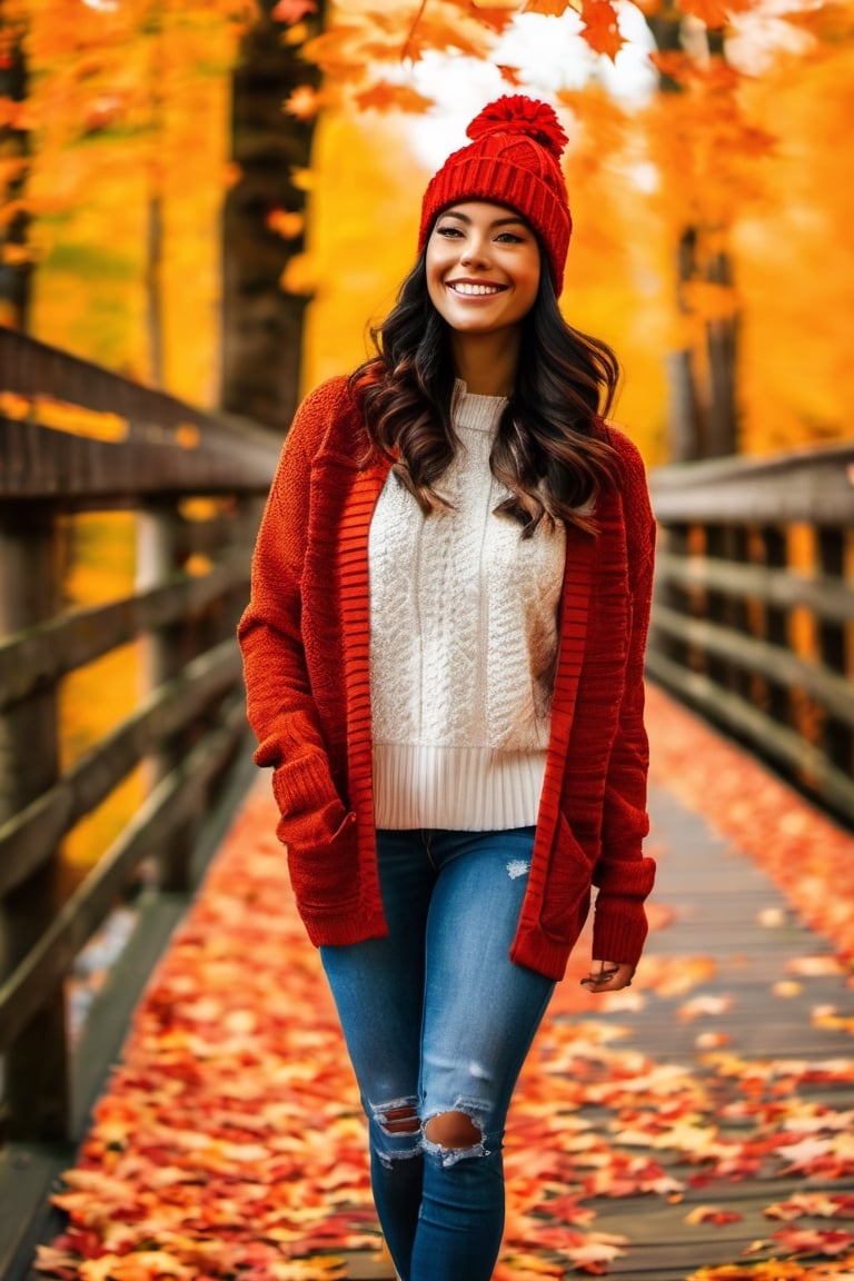 Professional portrait. a beautiful young woman walking across a bridge in the woods, pexels, canadian maple leaves on the ground. smile. red and orange vibrant colors. Detailed face. sweater and beenie. vibrant foliage, low camera angle. perspective. Extreme camera angle. fall season, golden hues, cozycore. High contrast. Soft smike., Mysterious