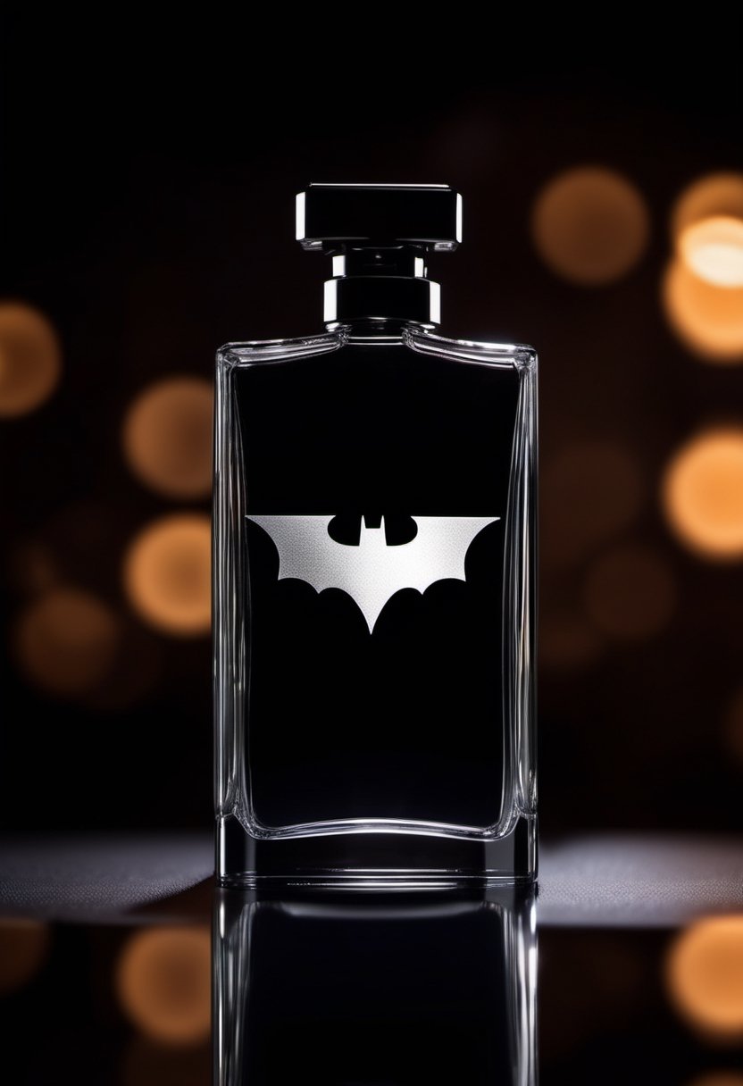 Generate an image of a perfume bottle that embodies the dark and mysterious ambiance of Gotham City. Incorporate the Batman logo as a prominent, black silhouette against a noir-inspired backdrop., 35mm photograph, film, bokeh, professional, 4k, highly detailed,Leonardo Style