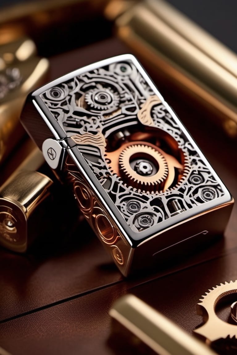 Visualize a Zippo lighter merging with biomechanical elements, such as gears, circuits, and robotic parts. Capture the seamless integration of organic and mechanical components, emphasizing the synergy between nature and technology.