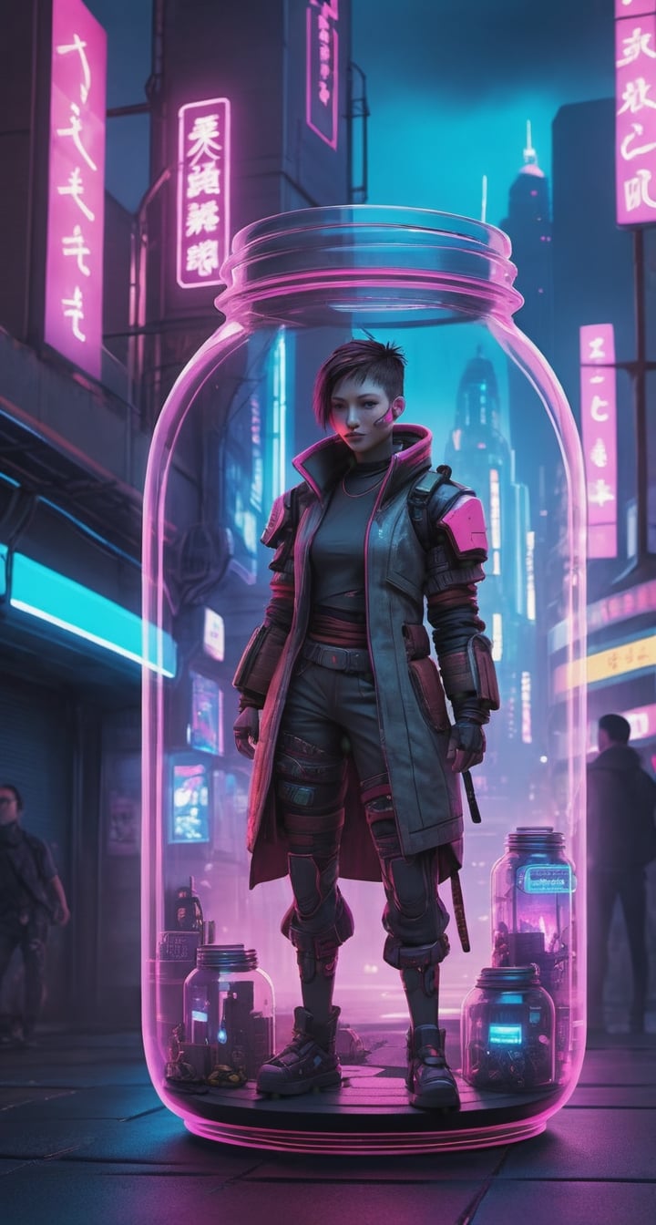 Cyberpunk Sticker with Tenten**: Futuristic, neon-lit, dystopian cityscape, highly detailed, edgy.,Kratos ,in a jar