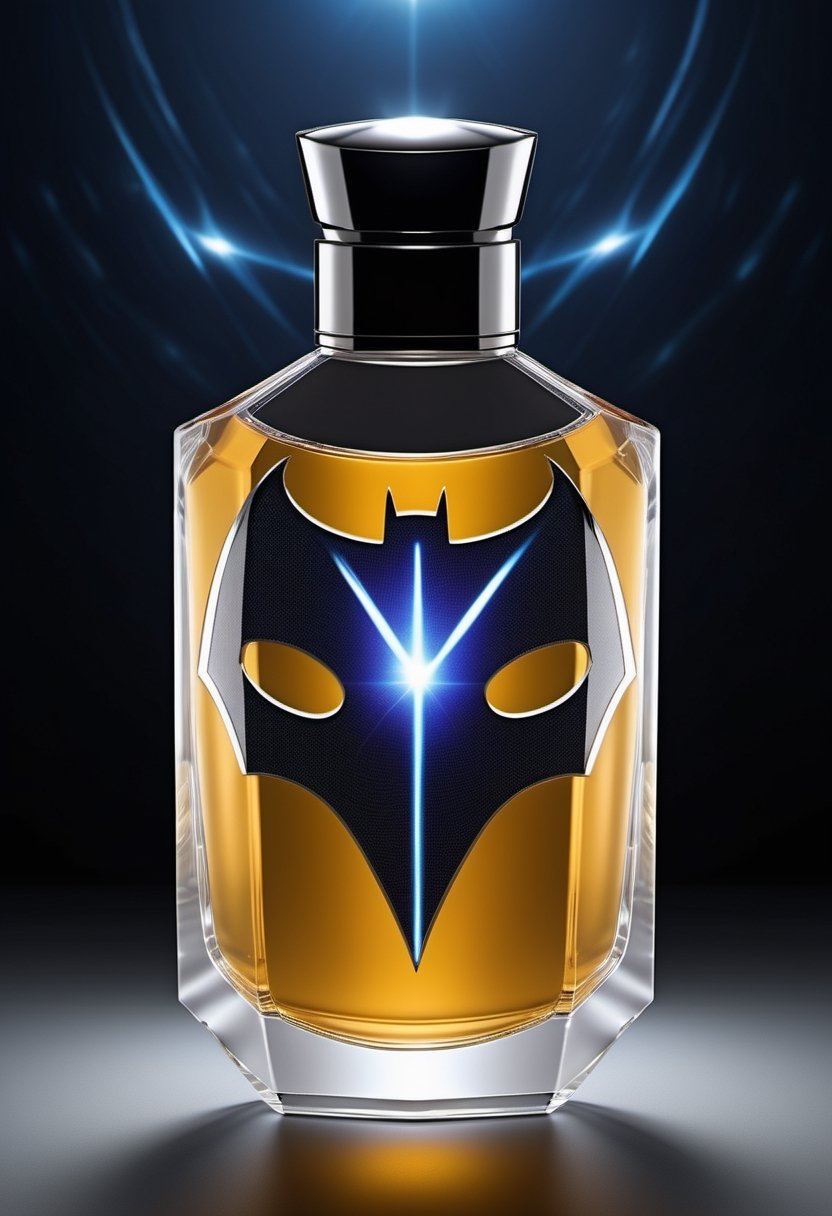 Generate an image of a high-tech, futuristic perfume bottle with a dynamic, holographic Batman logo that changes appearance when viewed from different angles, reflecting the essence of Batman's advanced gadgets.