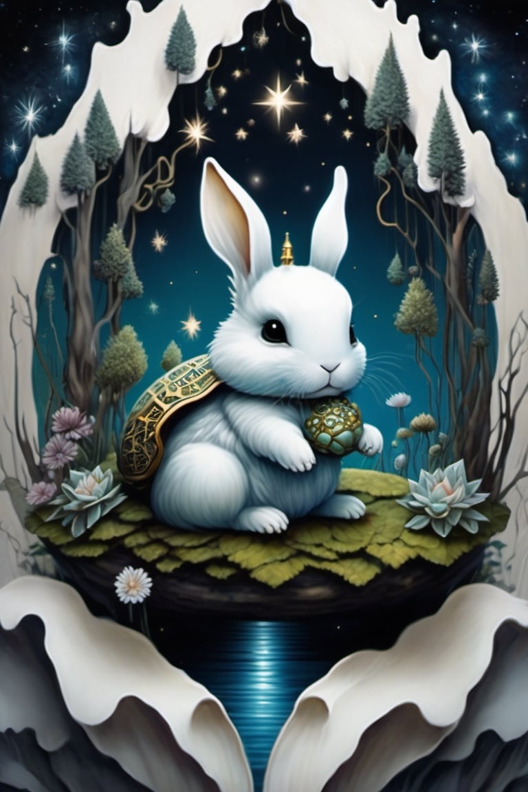 Asian folklore, ultra highly detailed, cinematic, 32k, detailed ink, acrylic, by Craola, Nicoletta Ceccoli, Beeple, Jeremiah Ketner Todd Lockwood, storybook illustration, cute tiny close up ghost rabbit sitting on the turtle, extremely big sharp glowing eyes, pond, forest, night, stars, starry sky, fairytale, storybook, mystical, highly detailed unusual highly detailed, intricated, intricated pose, masterpiece, high quality, vibrant colors, complex patterns, Mysterious